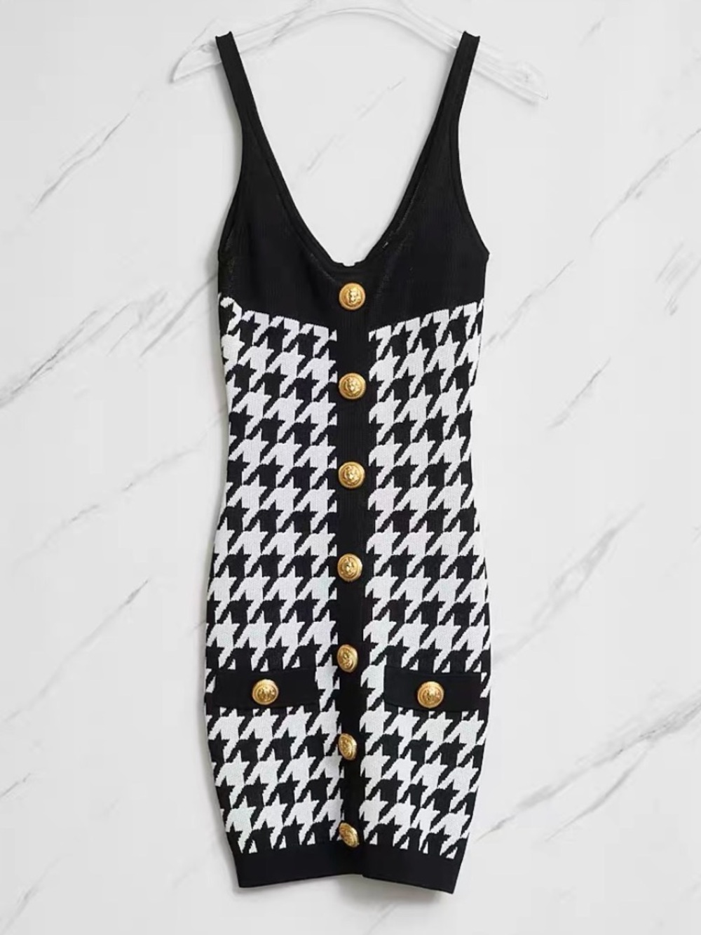 Balmain Black & White Houndstooth Knit Mini Dress with Gold Buttons